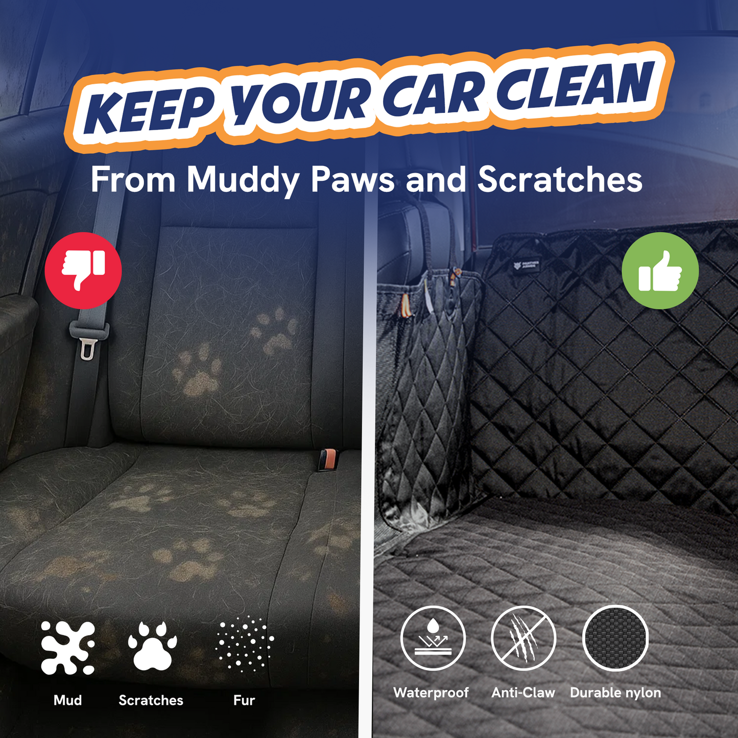 Panther Armor Dog Car Seat Cover Set with 2 Door Protectors – Washable Removable Topper, 8-Panel Foldable Design, Water-Resistant Hard Base Backseat Extender for Small & Medium Cars